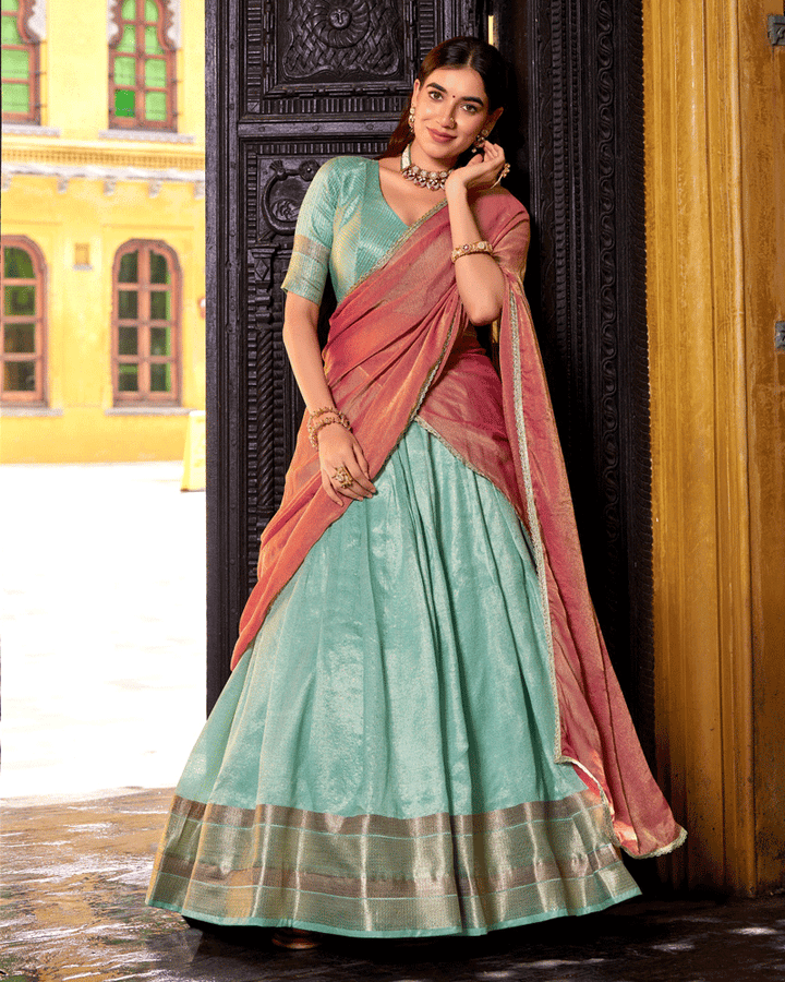 Graceful Sky Blue Color Dupion Silk Half Saree