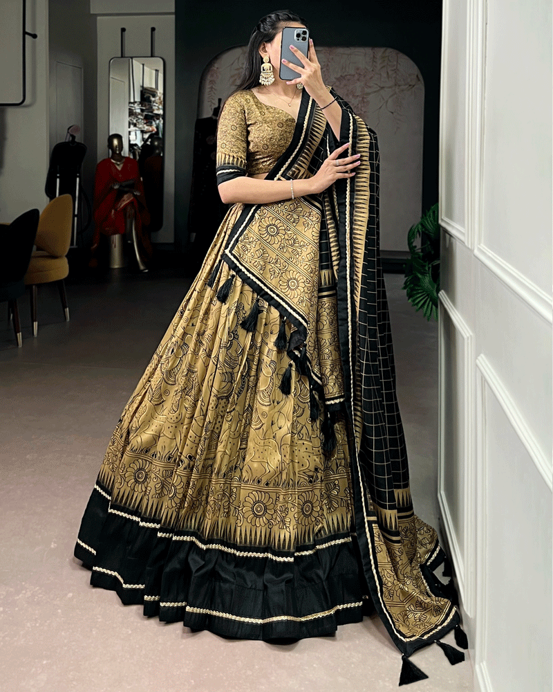 Gold Color Kalamkari Printed Flared Lehenga Choli Set