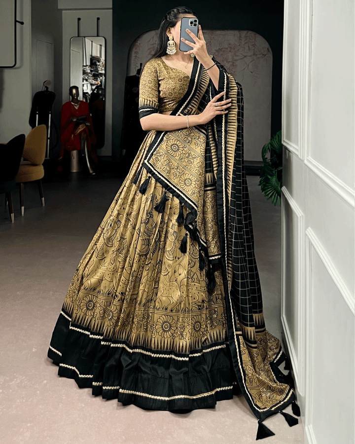 Gold Color Kalamkari Printed Flared Lehenga Choli Set