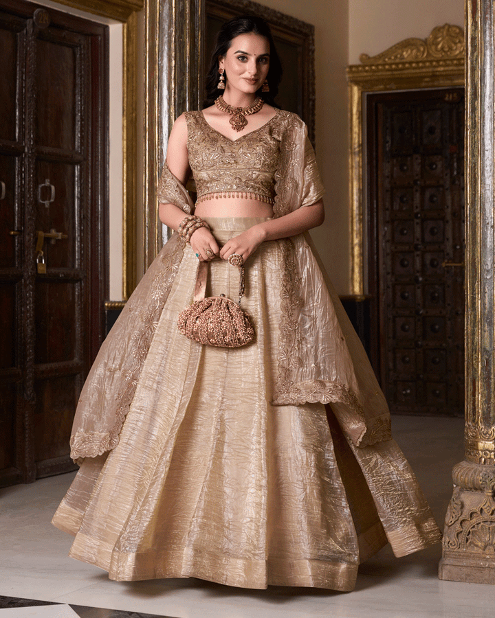 Elegence Chikoo Color Gold Crush Embroidered Lehenga Choli