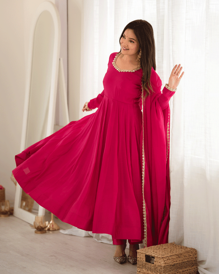 Royal Pink Flared Anarkali Kurta Pant Dupatta Set