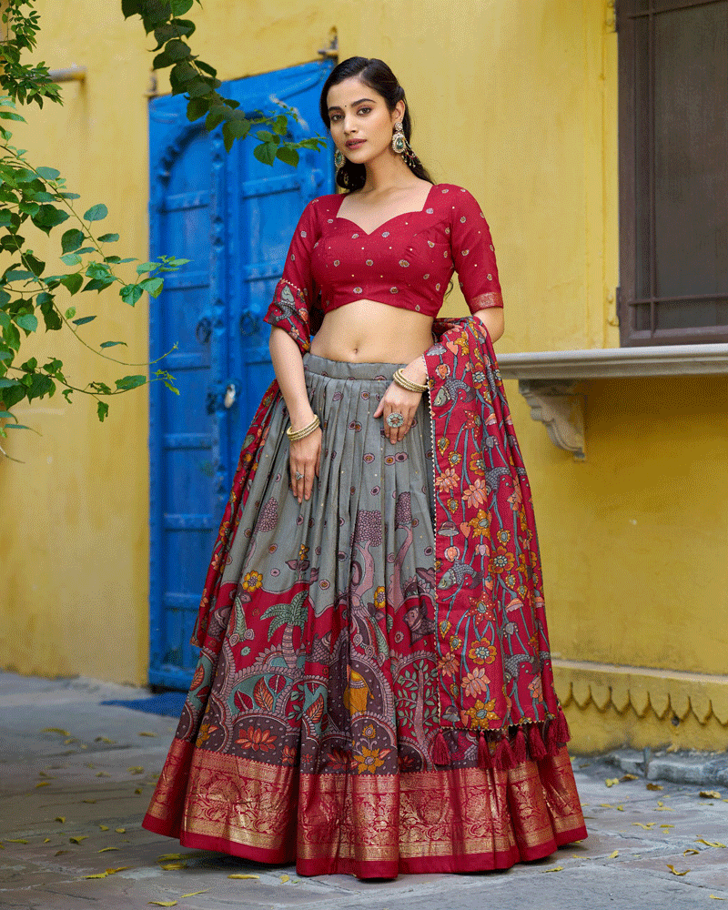 Sea Green Color Tasar Silk Printed Lehenga Choli
