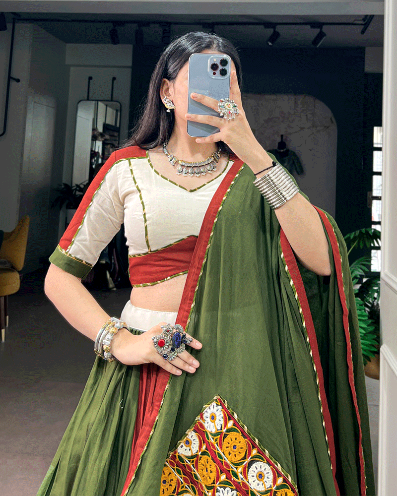 Traditional Olive Green Multicolor Navratri Lehenga Choli