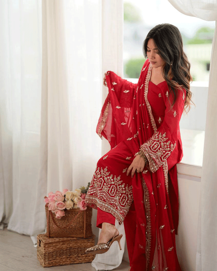 Red Color Embroidered Traditional Kurta Pant Dupatta Set