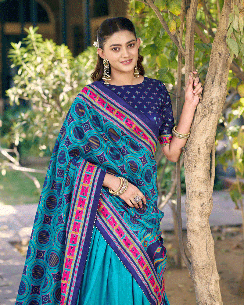 Elegant Sky Blue Color Printed Traditional Lehenga Choli Set