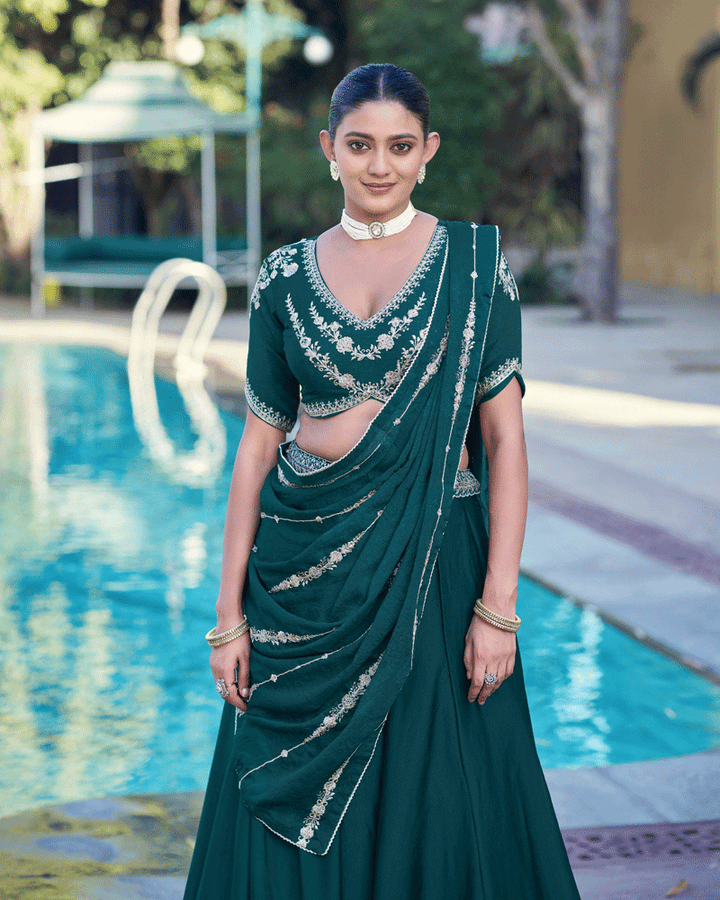 Embellished Peacock Green Color Rangoli Crush Lehenga Choli