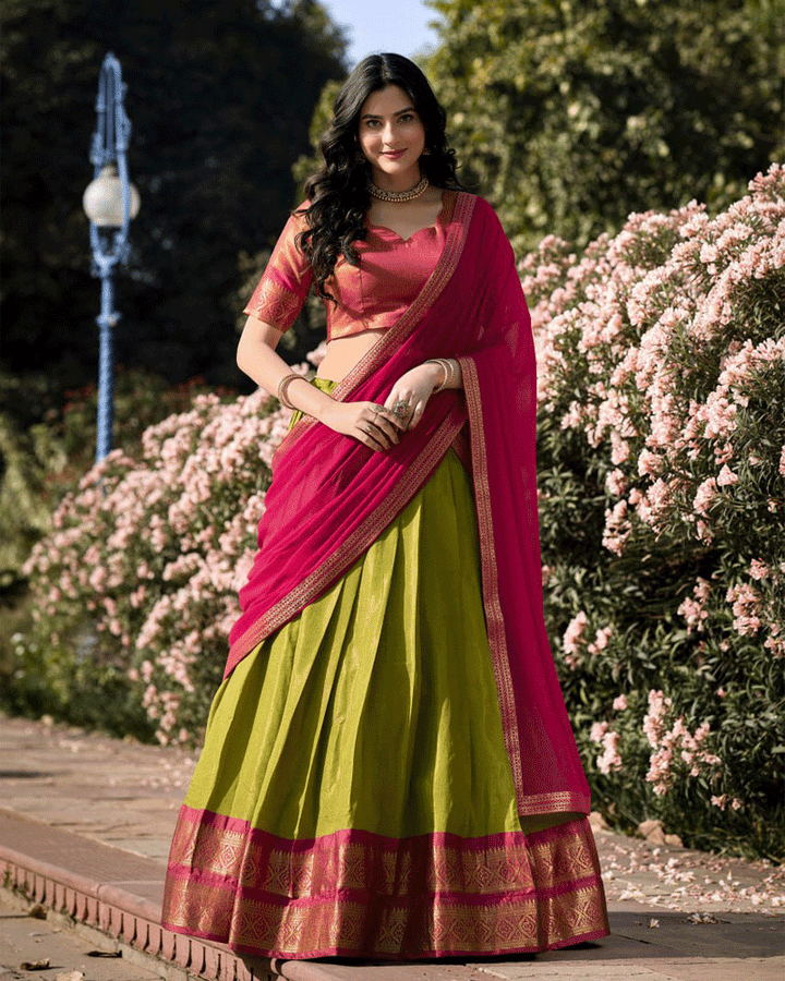 Designer Parrot Green Kanchipuram Half Saree