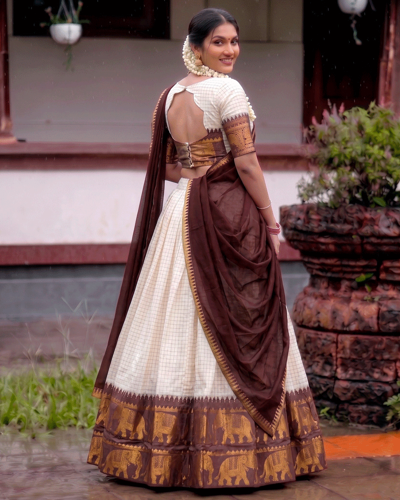 Brown Color Crafted Poly Cotton Half Saree