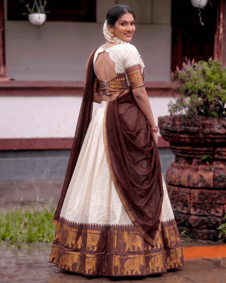 Brown Color Crafted Poly Cotton Half Saree