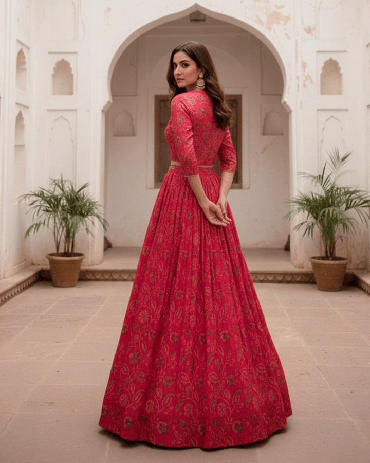 Royal Berry Floral Print Silk Lehenga Choli Set