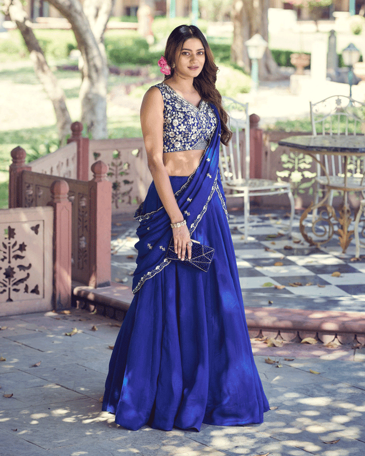 Elegant Royal Blue Embroidered Kashmiri Lehenga Choli