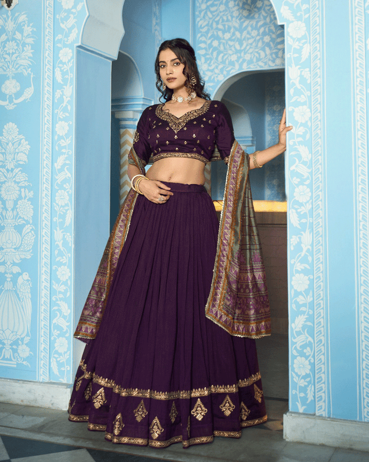 Dark Purple Designer Embroidered Silk Lehenga Choli
