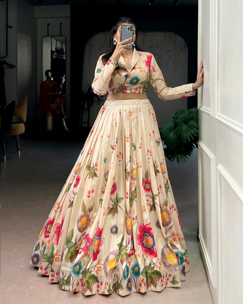Cream Tasar Silk Multi Printed Lehenga Choli