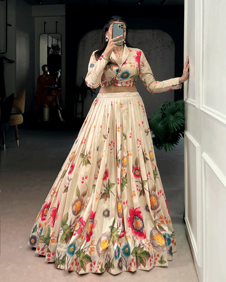 Cream Tasar Silk Multi Printed Lehenga Choli