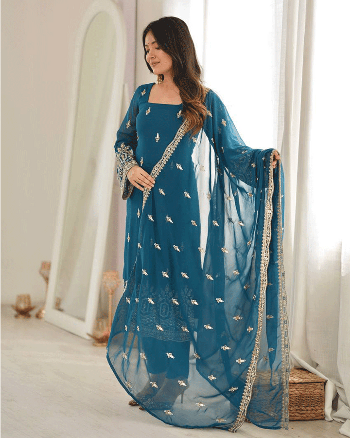 Rama Color Embroidered Traditional Kurta Pant Dupatta Set