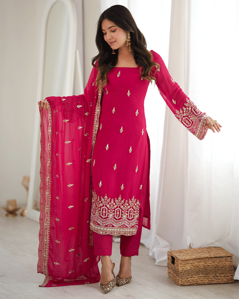 Rani Pink Color Embroidered Traditional Kurta Pant Dupatta Set