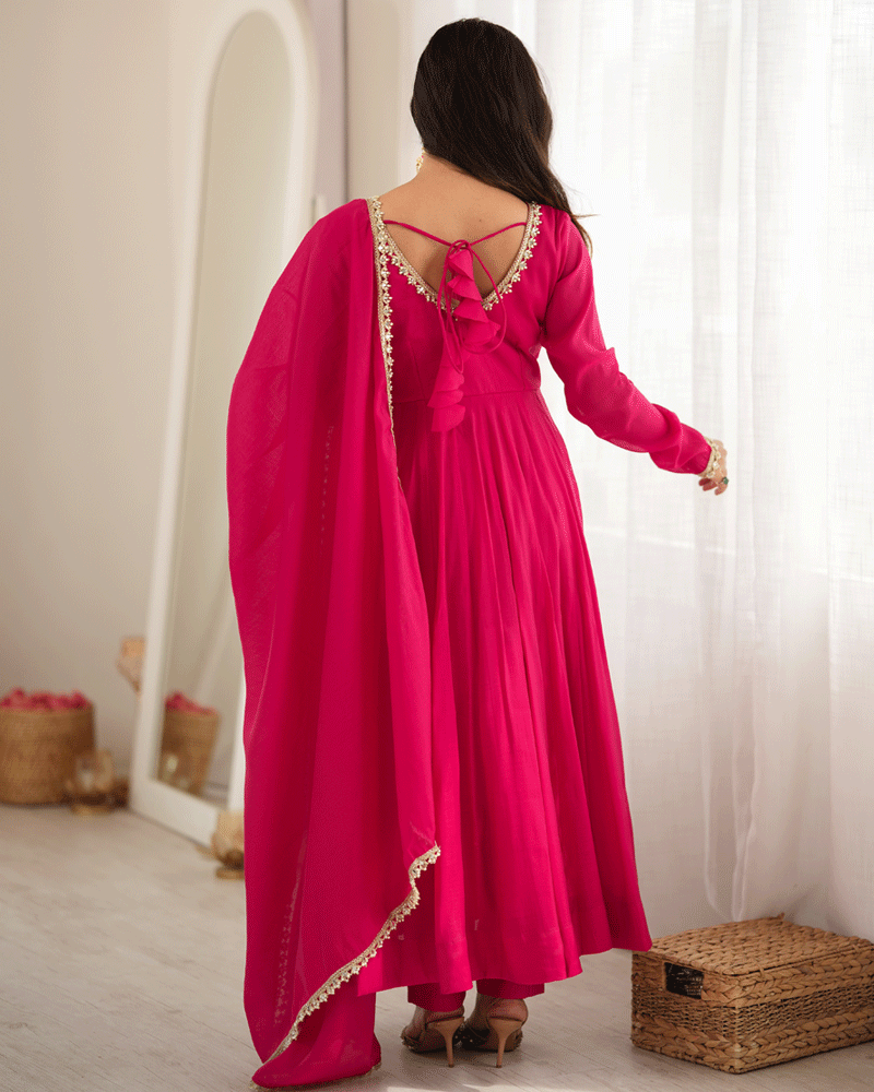 Royal Pink Flared Anarkali Kurta Pant Dupatta Set