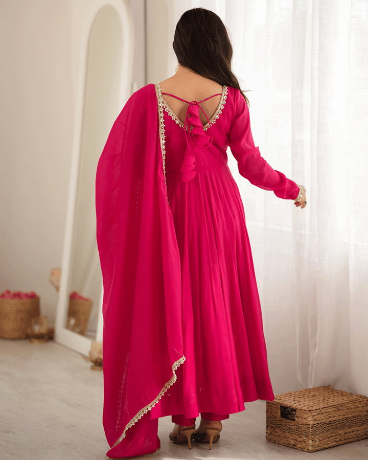 Royal Pink Flared Anarkali Kurta Pant Dupatta Set