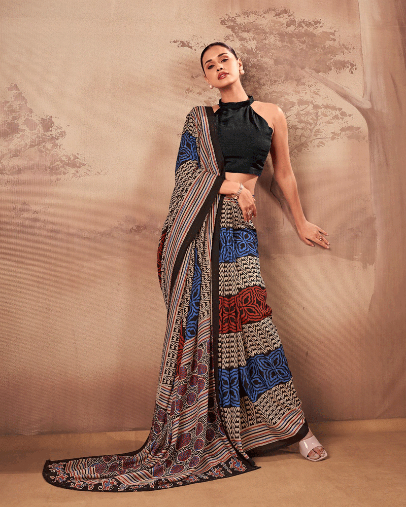 Designer Navy Blue Color Geometric Printed Saree