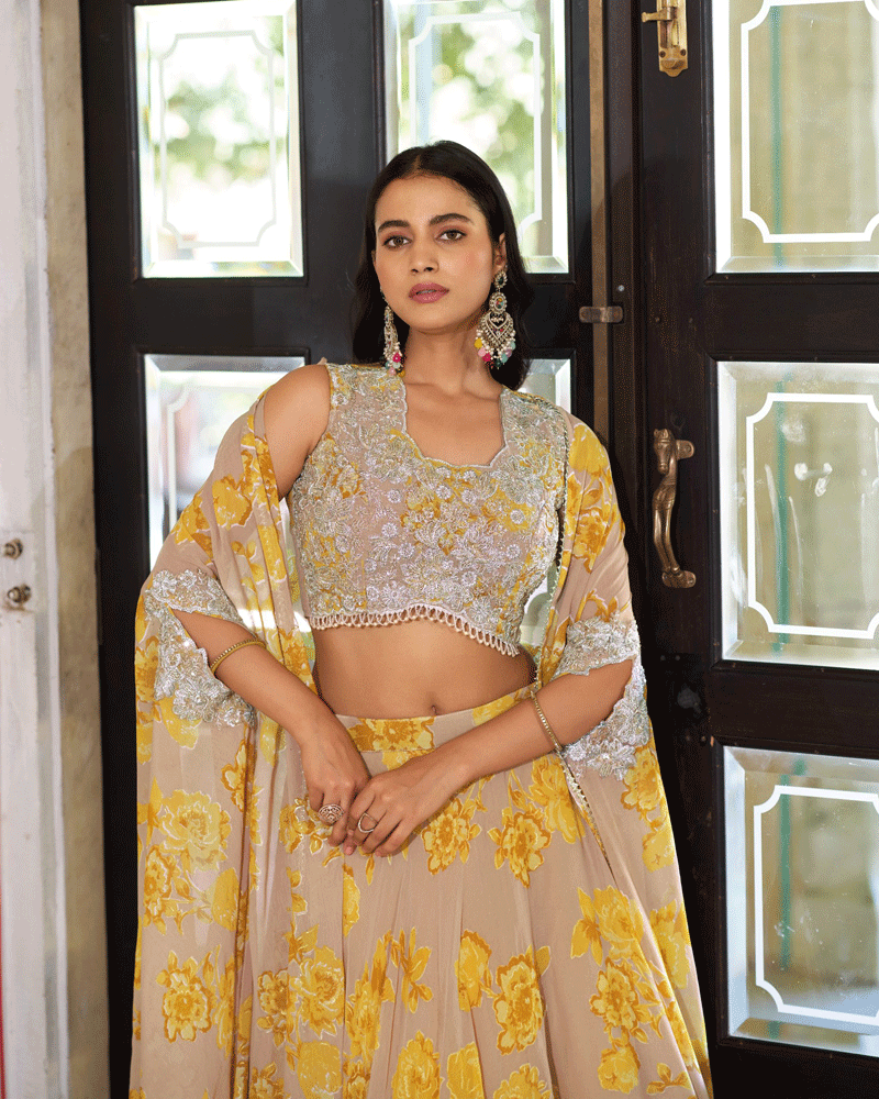 Mustard Georgette Embroidered Lehenga Choli