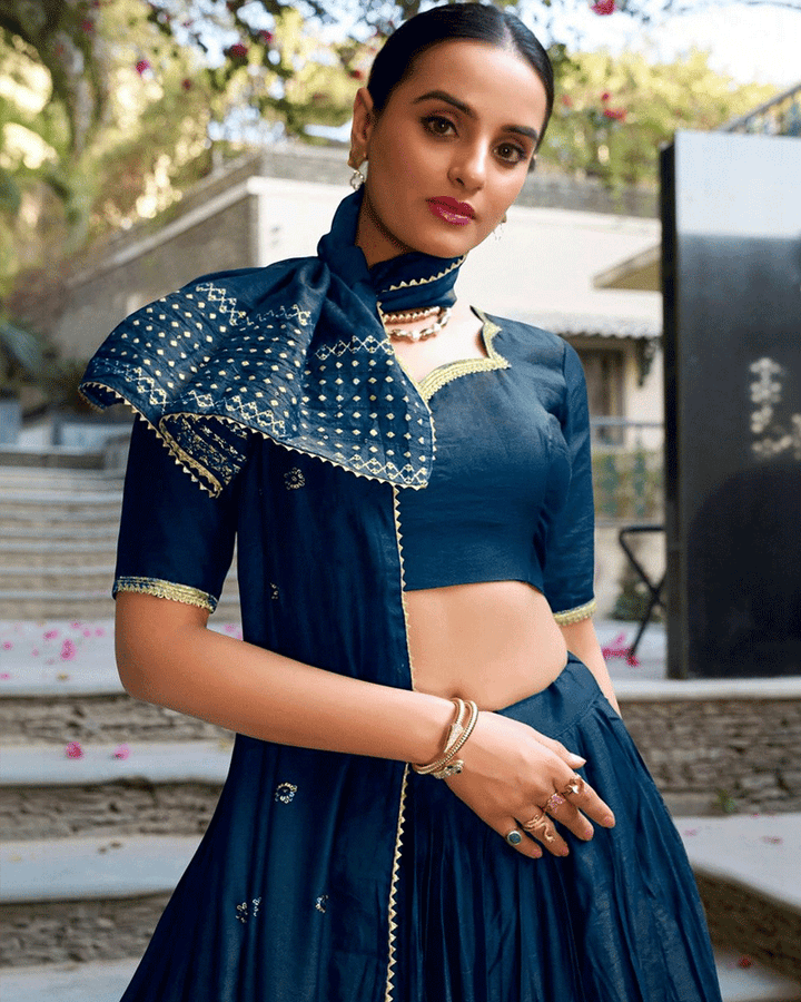 Royal Navy Blue Color Pure Chanderi Lehenga Choli