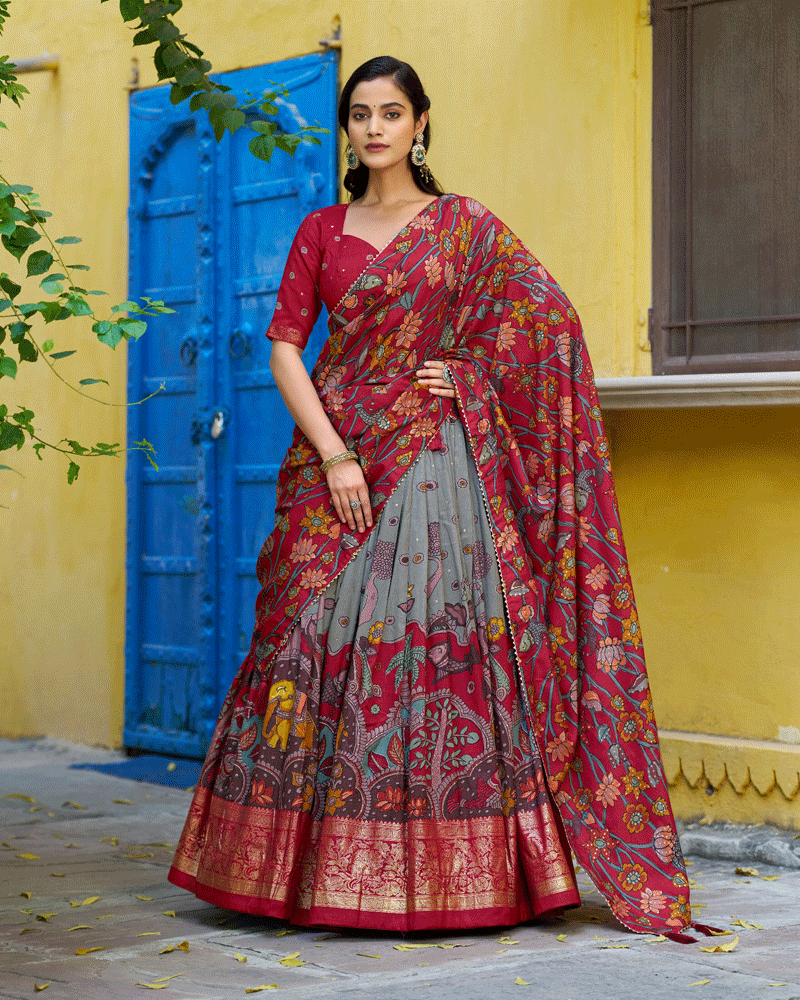 Sea Green Color Tasar Silk Printed Lehenga Choli