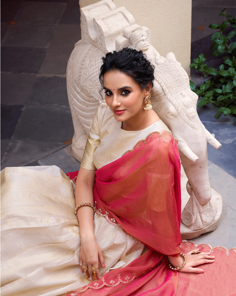Pink Color Crafted Jacquard Chex Half Saree