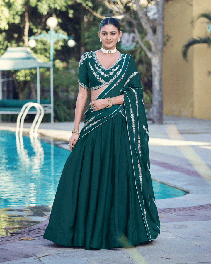 Embellished Peacock Green Color Rangoli Crush Lehenga Choli