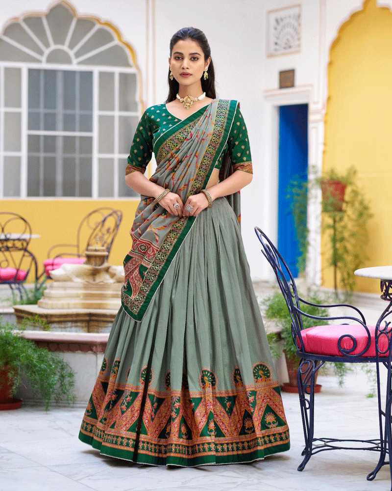 Designer Green Color Tasar Silk Printed Lehenga Choli