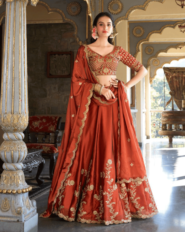Rust Orange Floral Embroidered Rangoli Silk Lehenga Choli