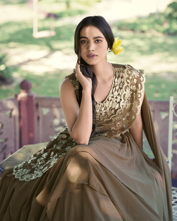 Elegant Olive Green Embroidered Layered Lehenga Choli