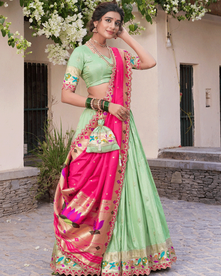 Pista Embroidered Jacquard Paithani Silk Lehenga Choli