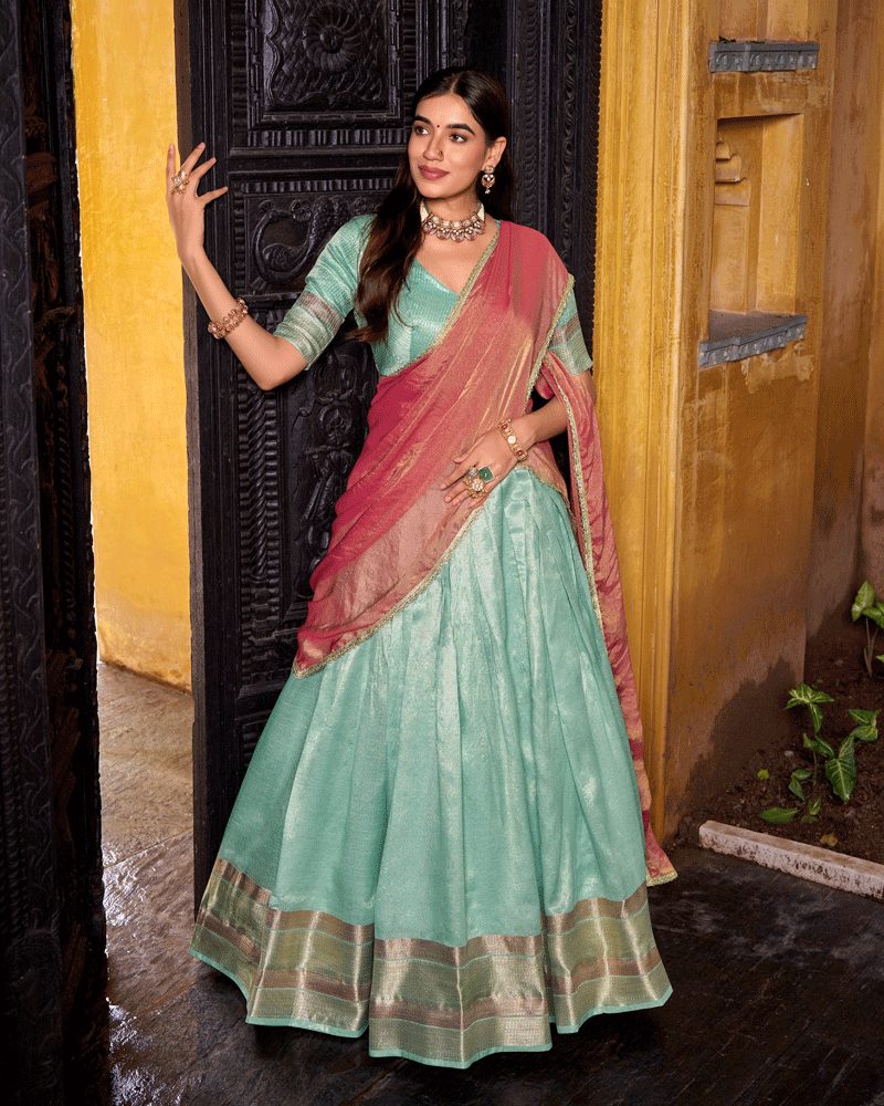 Graceful Sky Blue Color Dupion Silk Half Saree
