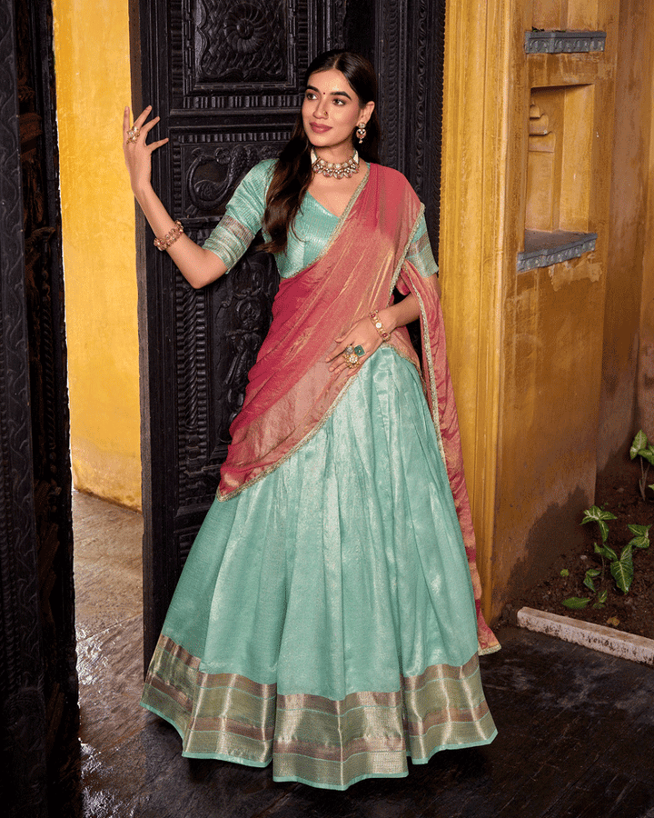 Graceful Sky Blue Color Dupion Silk Half Saree