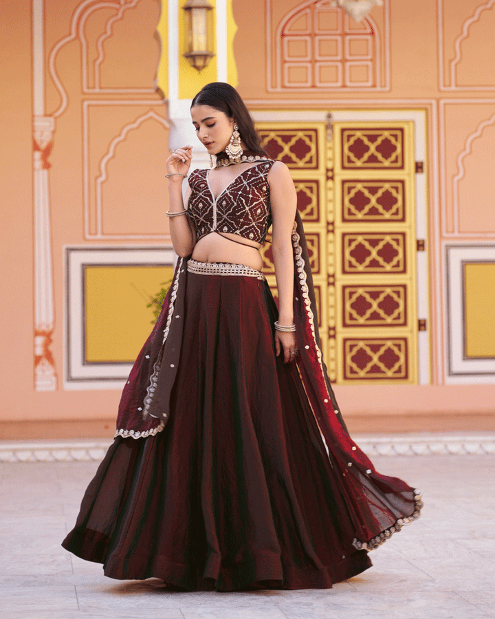Maroon Color Embroidered Embellished Lehenga Choli