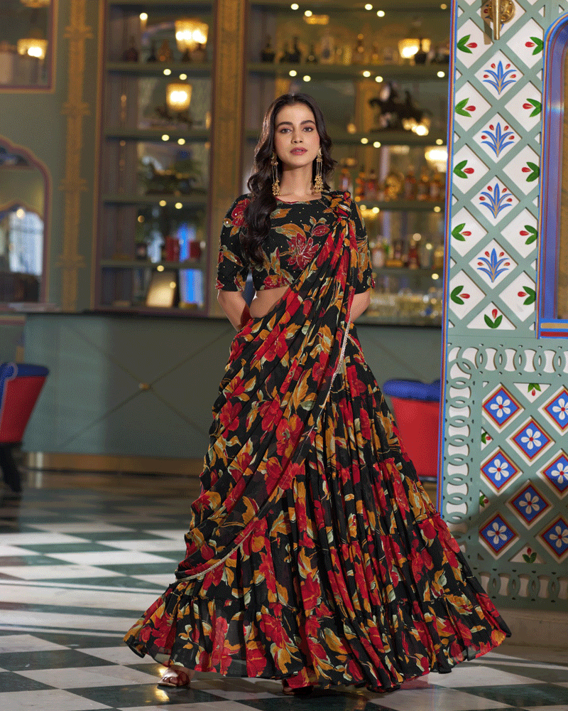 Designer Black Floral Printed Marble Lehenga Choli