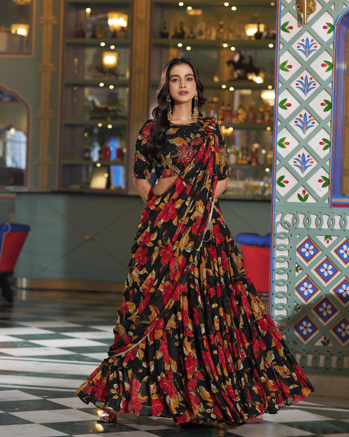 Designer Black Floral Printed Marble Lehenga Choli