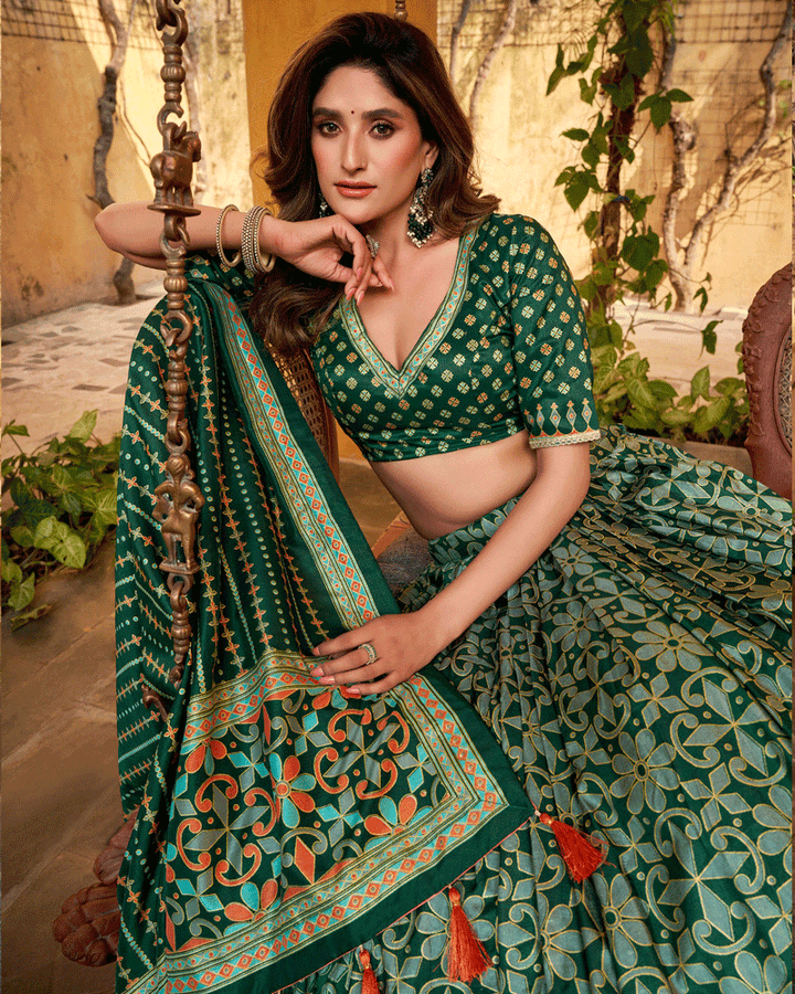 Green Color Sparkle Printed Silk Lehenga Choli
