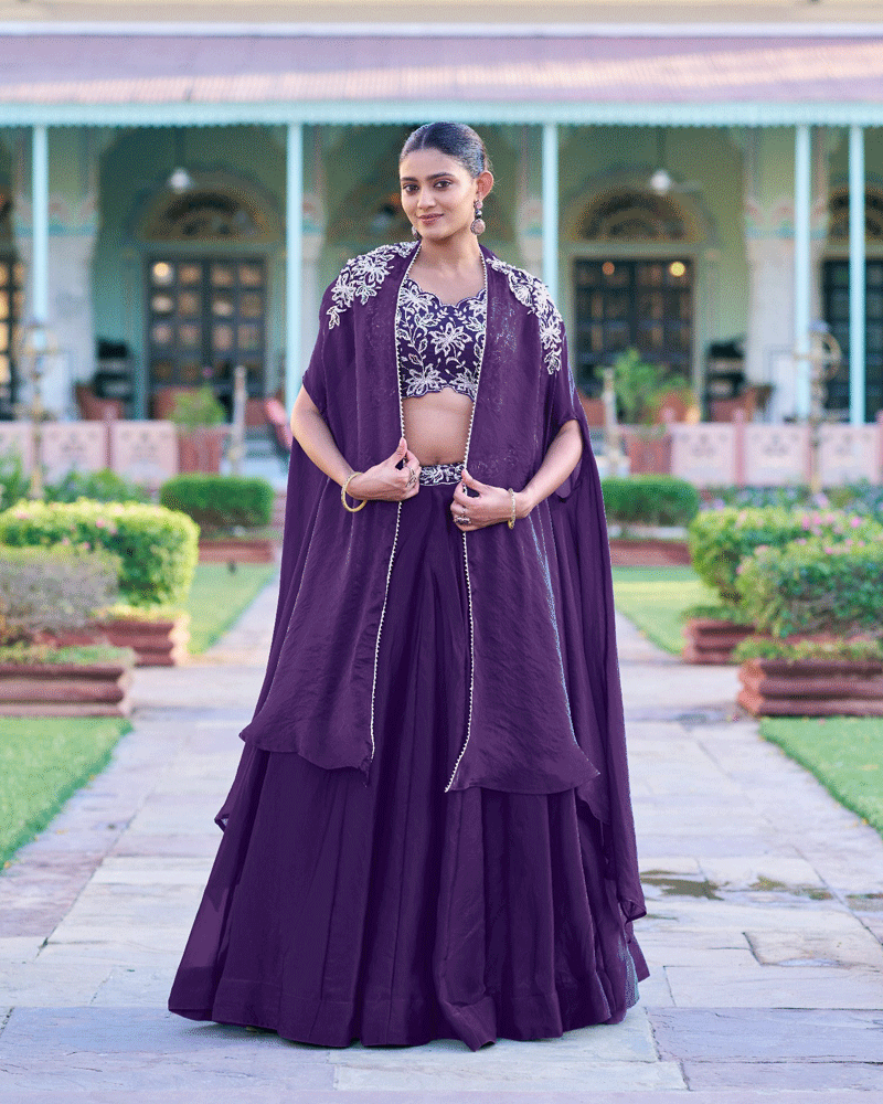 Royal Purple Embroidered Lehenga Choli With Flowing Cape Dupatta