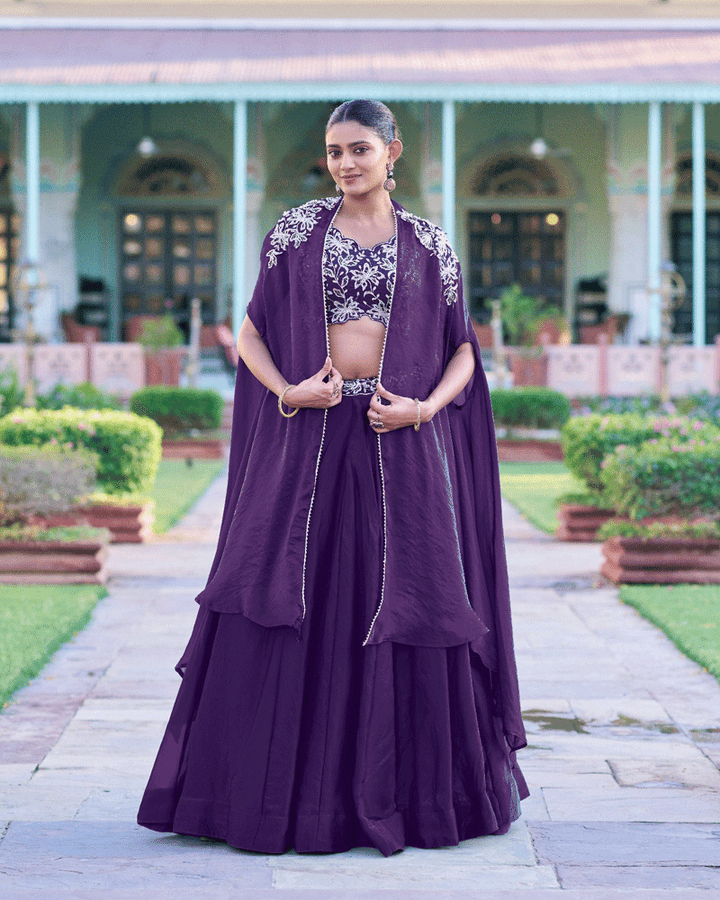 Royal Purple Embroidered Lehenga Choli With Flowing Cape Dupatta