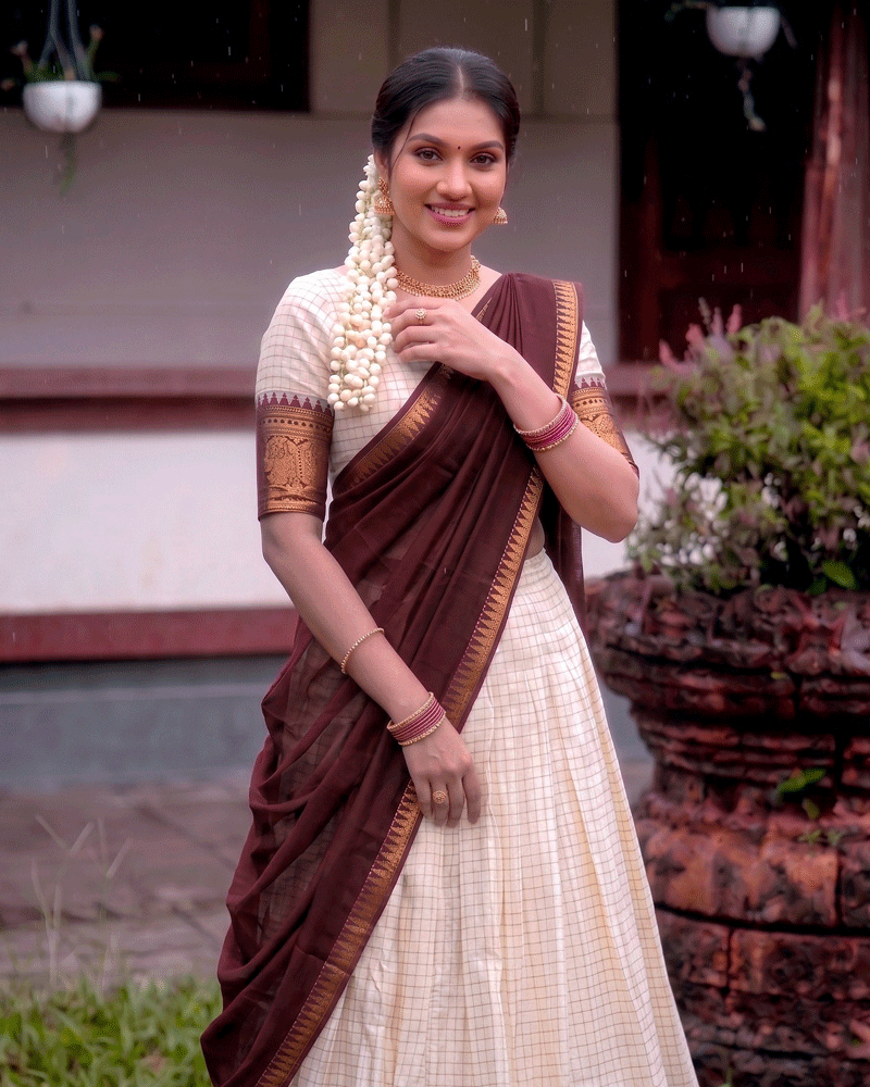 Brown Color Crafted Poly Cotton Half Saree