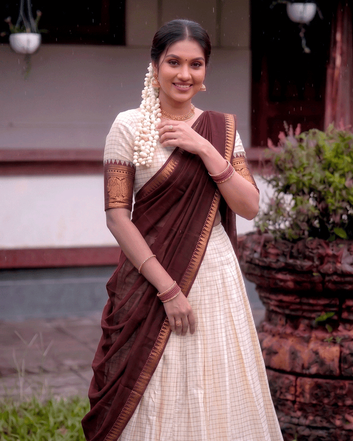 Brown Color Crafted Poly Cotton Half Saree