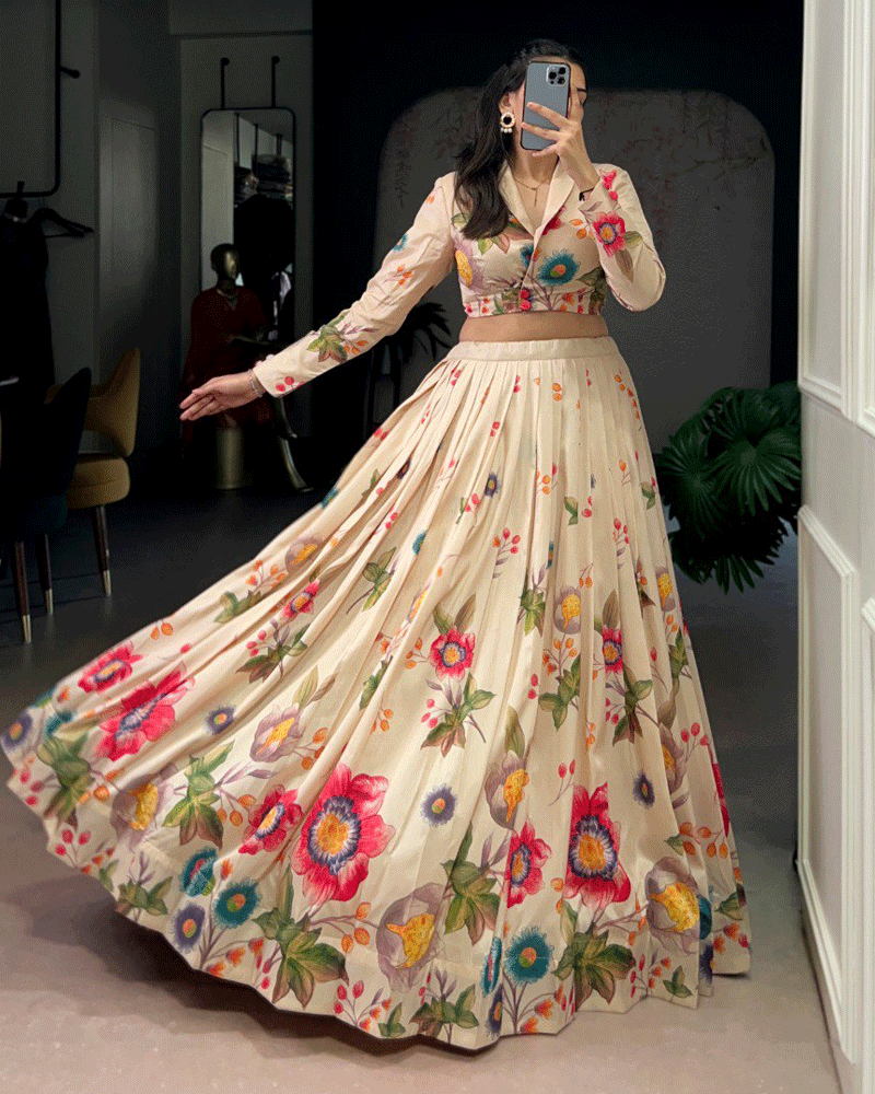 Cream Tasar Silk Multi Printed Lehenga Choli