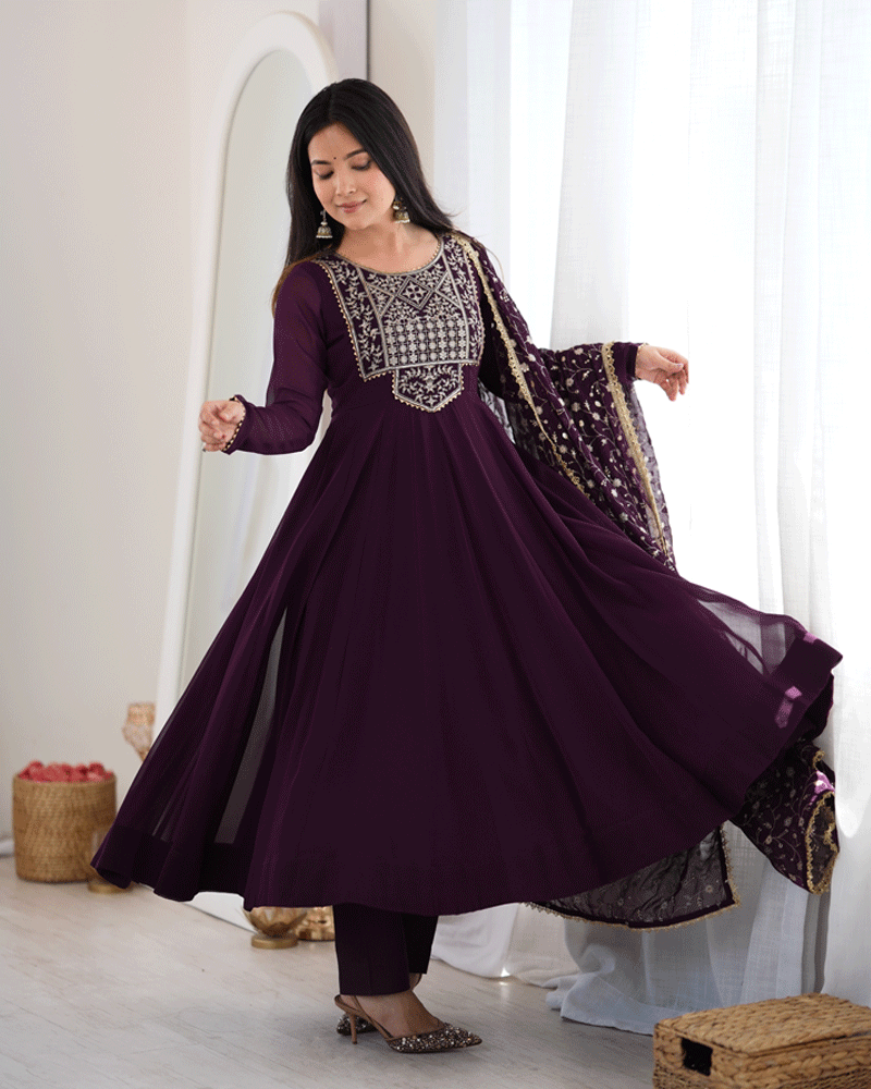 Wine Purple Color Georgette Embroidered Anarkali Suit