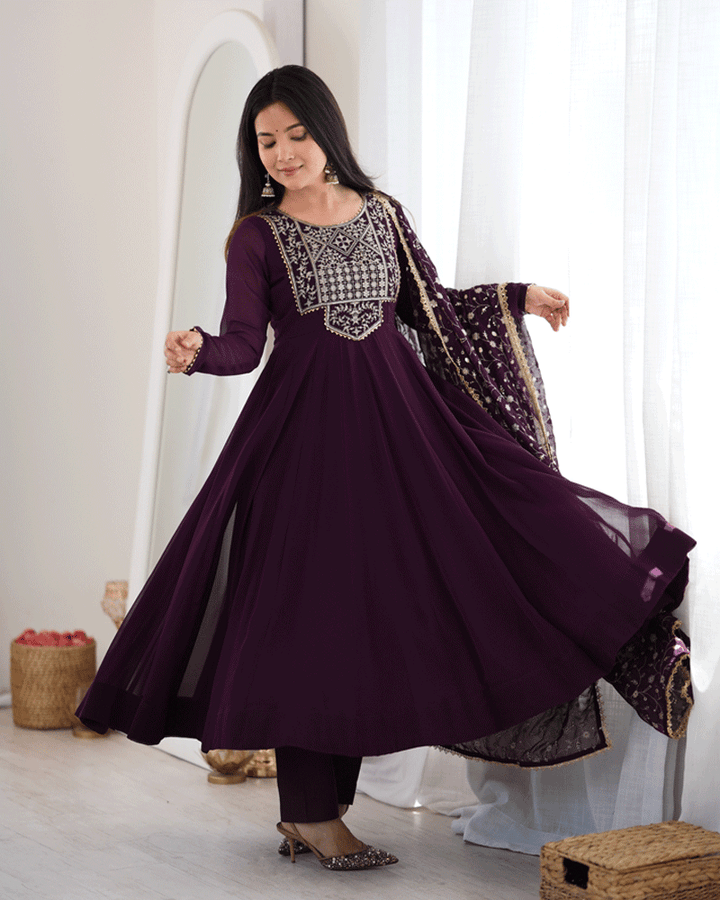 Wine Purple Color Georgette Embroidered Anarkali Suit