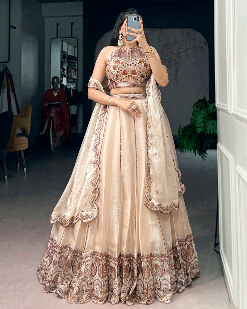 Elegant Beige Paisley Embellished Spider Crush Lehenga Choli