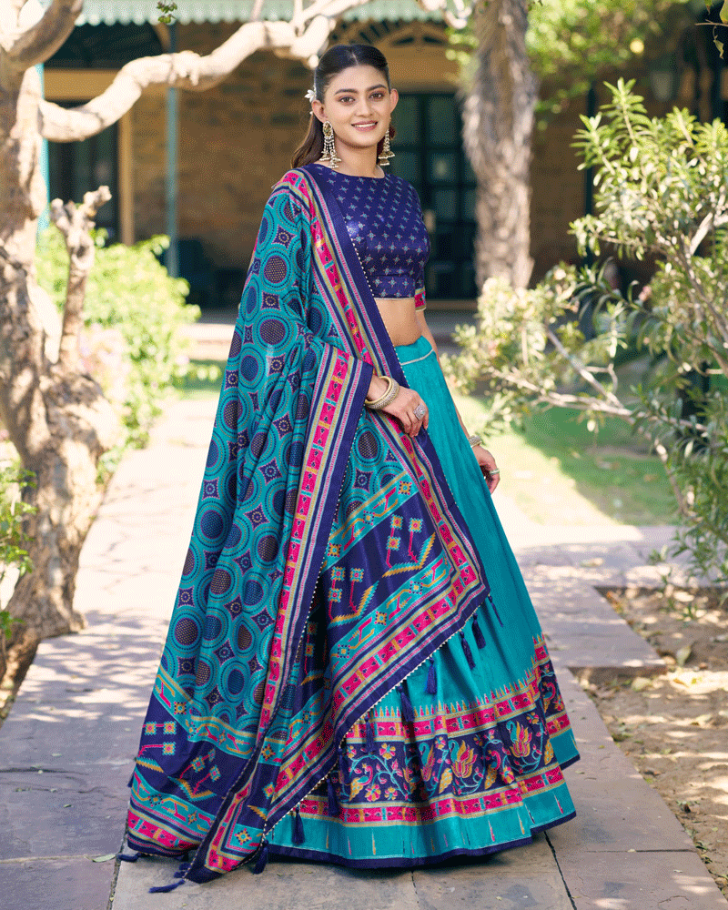 Elegant Sky Blue Color Printed Traditional Lehenga Choli Set