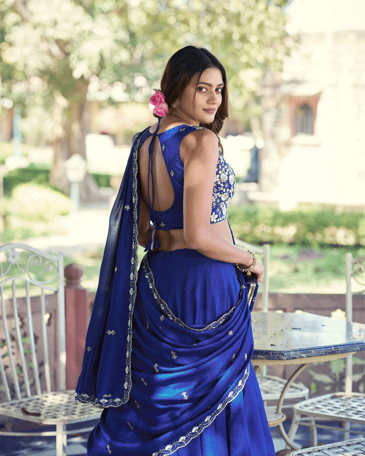 Elegant Royal Blue Embroidered Kashmiri Lehenga Choli