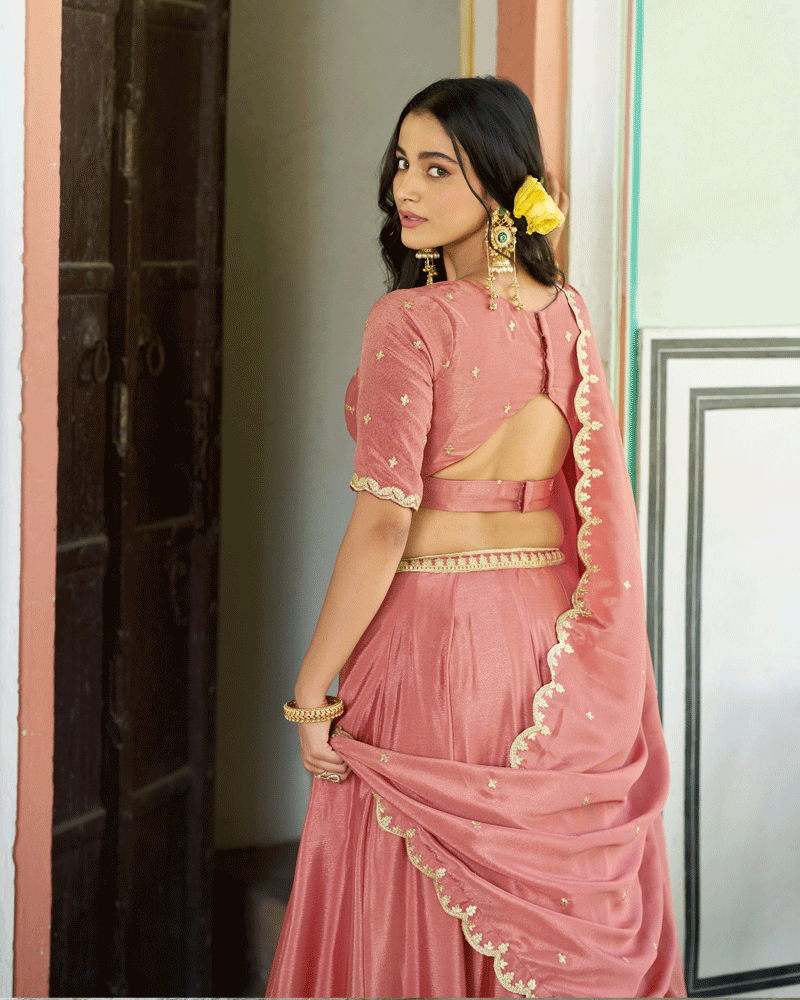Peach Color Chinon Silk Embroidered Glamorous Lehenga Choli