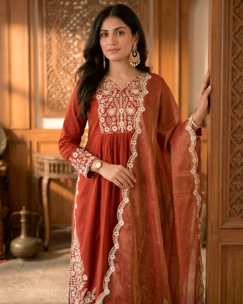 Rust Orange Color Maska Cotton Kurta Pant Dupatta Set